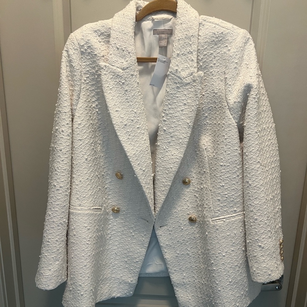 H&M White Textured Blazer with Classic Lapels